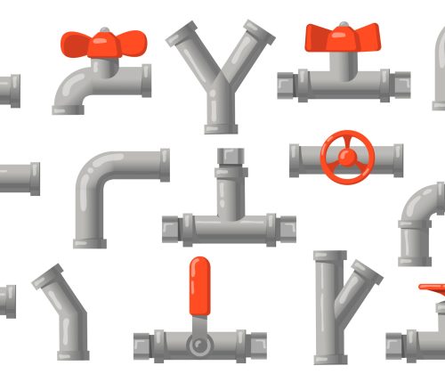 Plumbing pipes set. Grey metal tubes with valves, industrial pipelines, water drains isolated on white background. Flat vector illustrations for engineering, connection system concept