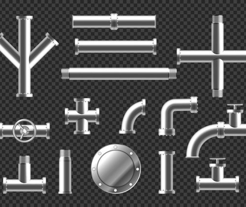 Pipes and tubes plumbing fittings realistic 3d vector set. Metal or plastic pipeline with valves, thread and faucets. Stainless steel metallic ramified connections isolated on transparent background