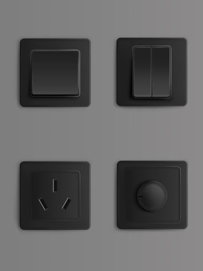 Electric sockets and switches on wall. Vector realistic set of 3d different types toggles and outlet for chinese, european and russian plugs, adapter connectors. Black plastic house supplies