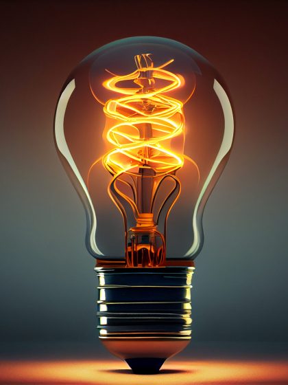 Glowing light bulb fuels ideas of innovation generated by artificial intelligence